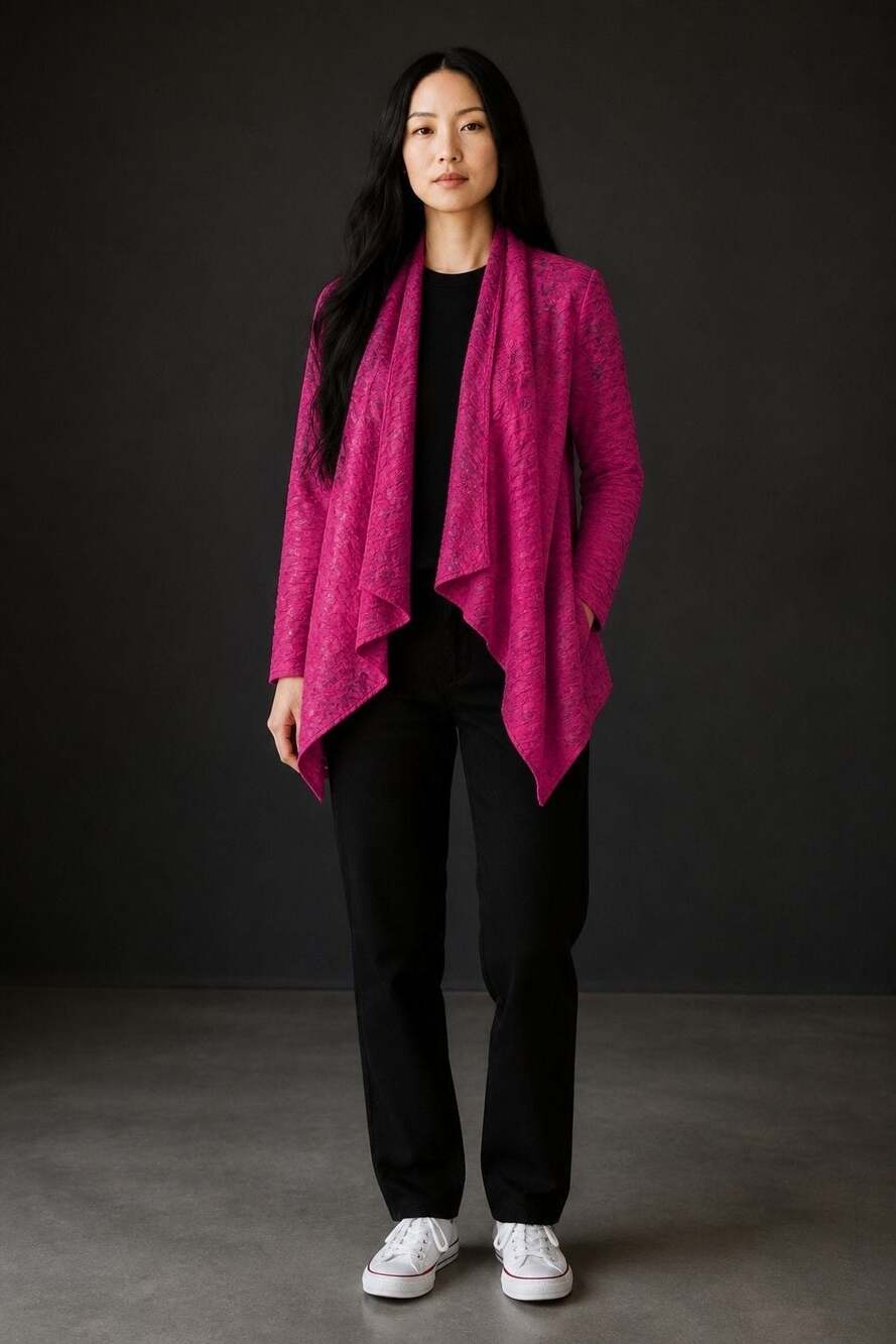 Peck & Peck Magenta Textured Open-Front Waterfall Cardigan